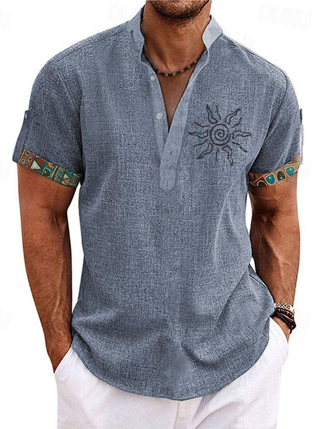  Men's Shirt Sun Graphic Prints Vintage Stand Collar Blue-Green Blue Green Khaki Gray Outdoor Street Short Sleeve Print Clothing Apparel  Fashion Streetwear Designer Casual