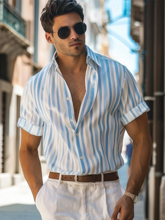  Men's Casual Shirt Striped Casual   Daily Summer Fold-over Collar Short Sleeve Blue Linen Cotton Blend Shirt