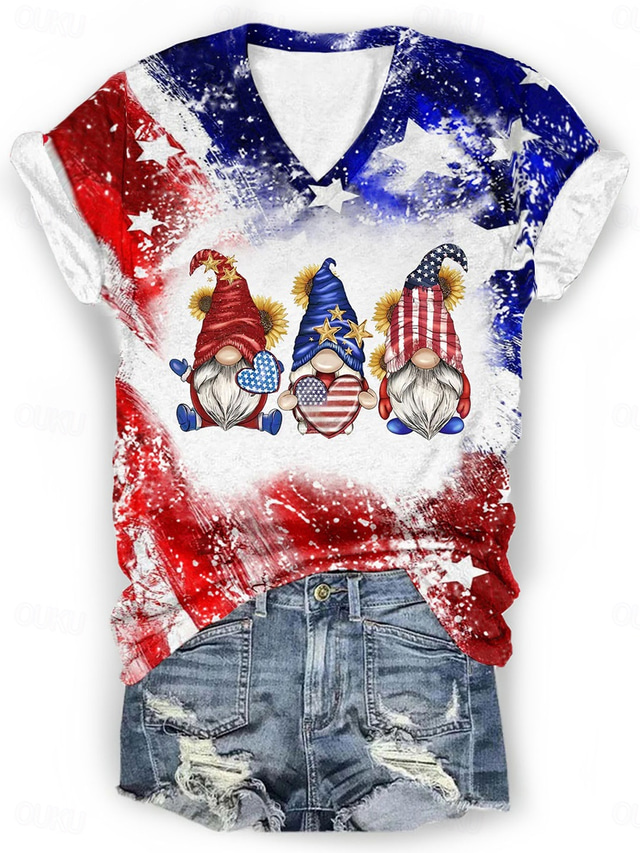  Women's Patriotic  T Shirt Casual Print Short Sleeve Regular Tops V Neck Daily Red / Blue Summer