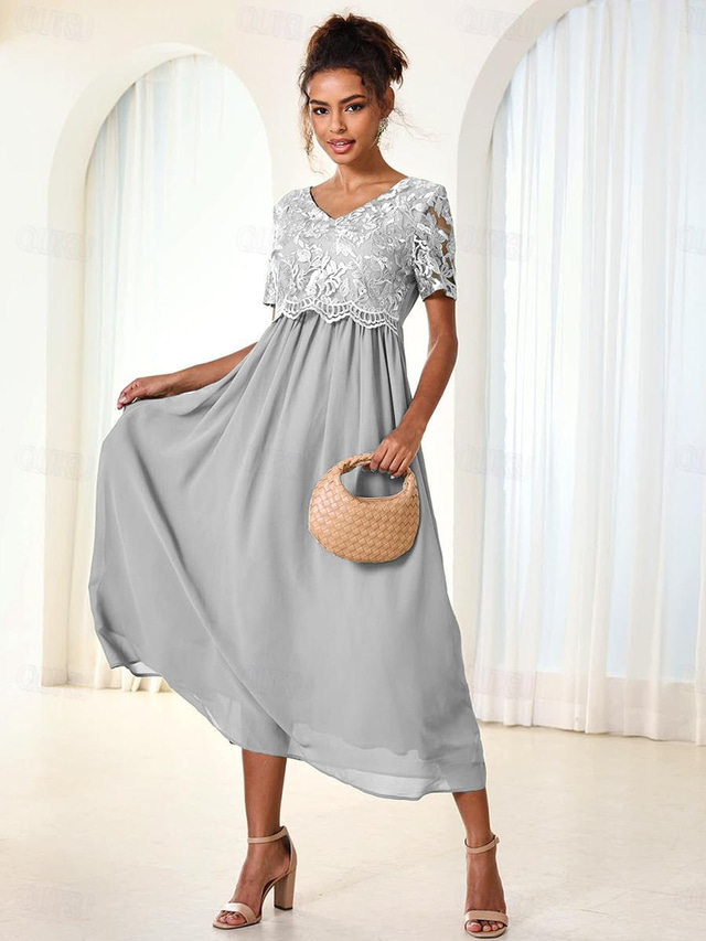  Women's Wedding Guest Cocktail Dress Maxi Dress Contrast Lace Party Elegant Formal V Neck Short Sleeve Pink Green Gray Color