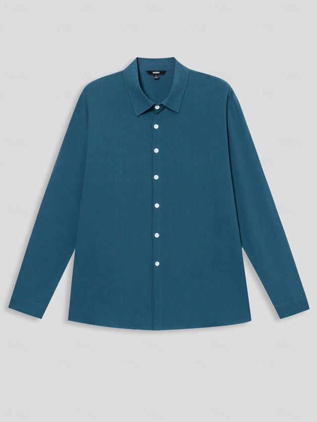  Men's Shirt Linen Shirt Button Up Shirt Beach Shirt Navy Blue Long Sleeve Plain Lapel Spring &  Fall Casual Daily Clothing Apparel