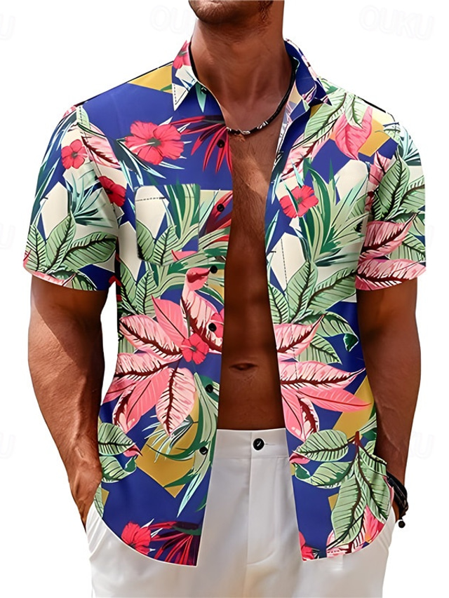  Men's Floral Graphic Prints Shirt Summer Hawaiian Shirt Short Sleeves Shirt Turndown Outdoor Street Black Yellow Red Navy Blue Royal Blue Print Clothing Apparel Fashion Designer Casual Soft