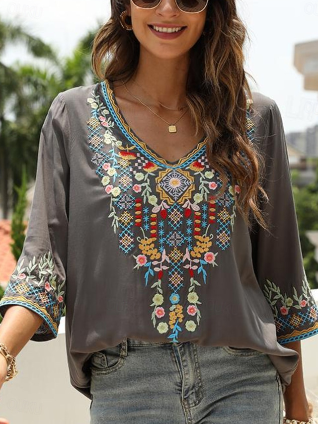  Women's EU / US Size Shirt Floral Stylish Casual 3/4 Length Sleeve V Neck Regular Tops Daily Embroidered Black White Red Sky Blue Purple Summer Spring Fall