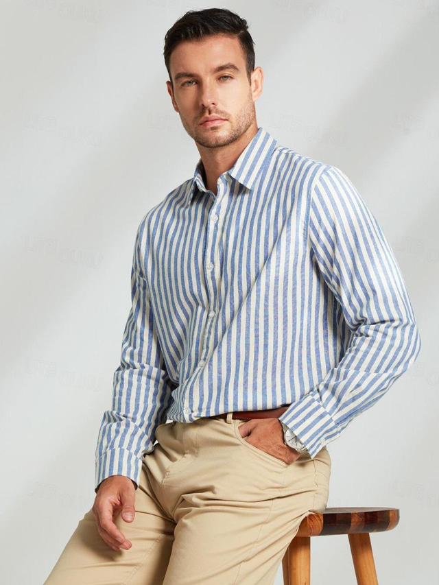  Men's Linen Shirt Fashion Casual Shirt Button Up Shirt Daily Hawaiian Vacation Spring &  Fall Lapel Long Sleeve Blue 55%Flax 45% cotton Shirt