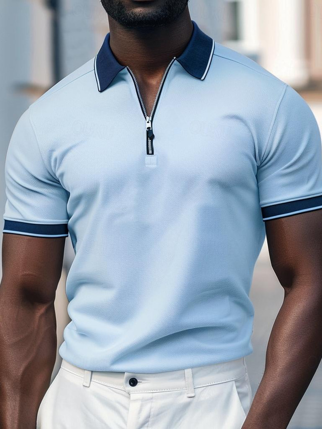  Men's Zip Polo Golf Shirt Casual Holiday Lapel Quarter Zip Short Sleeve Fashion Basic Plain Quarter Zip Summer Regular Fit Light Blue Zip Polo