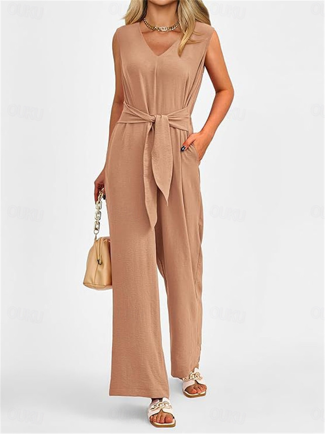  Women's Normal Jumpsuit Elegant Solid Color Sleeveless V Neck Lace up Pocket Office Business Regular Fit Black Wine Army Green Summer