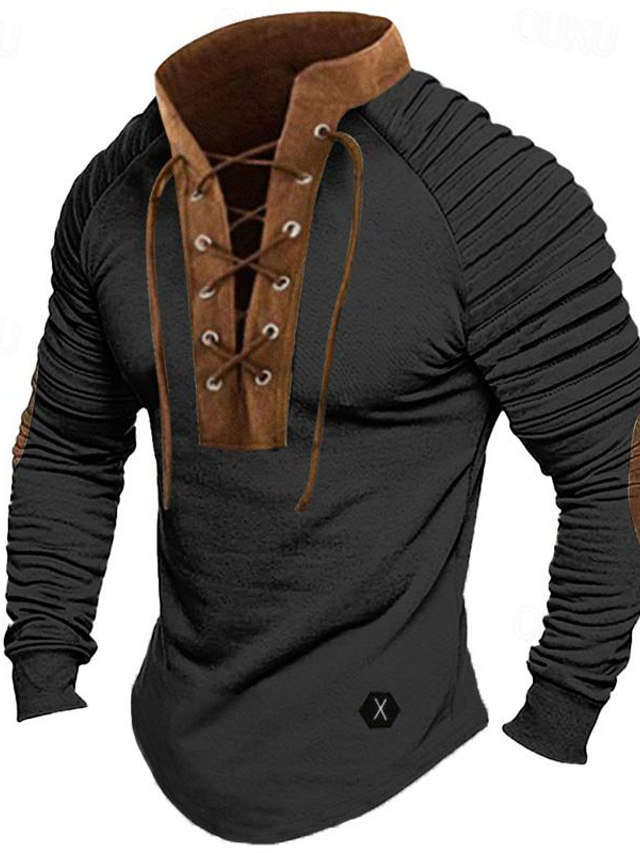  Hombre Camiseta Camiseta superior Camisa de manga larga Bloque de color delgado plisado Cuello Mao Calle Vacaciones Manga Larga Retazos Correa Ropa Moda Design Básico