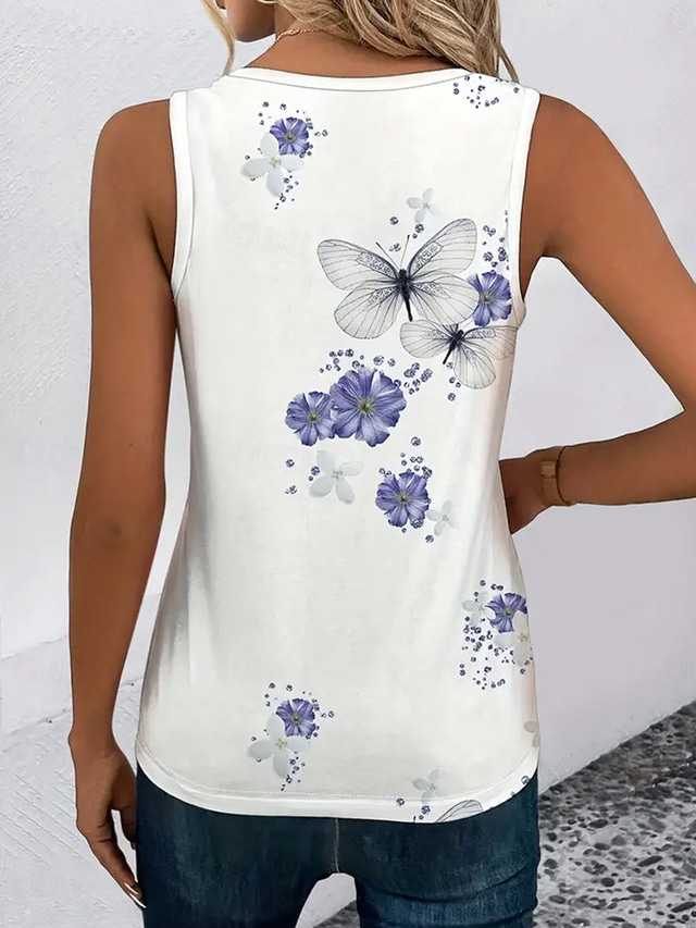  Top in camisole da donna casual floreale stampa farfalla senza maniche regolari scollatura a V quotidiano bianco estate