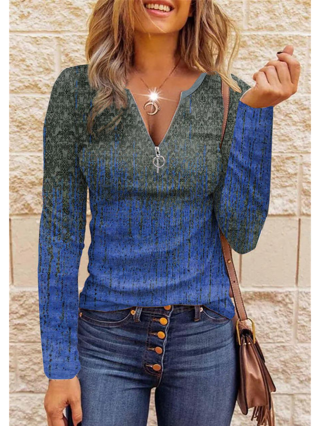 Women's T Shirt Going Out Tops Graphic Daily Basic Long Sleeve V Neck Half Zip Regular Tops Daily Weekend Print Quarter Zip Red Blue Purple Orange Green Fall & Winter
