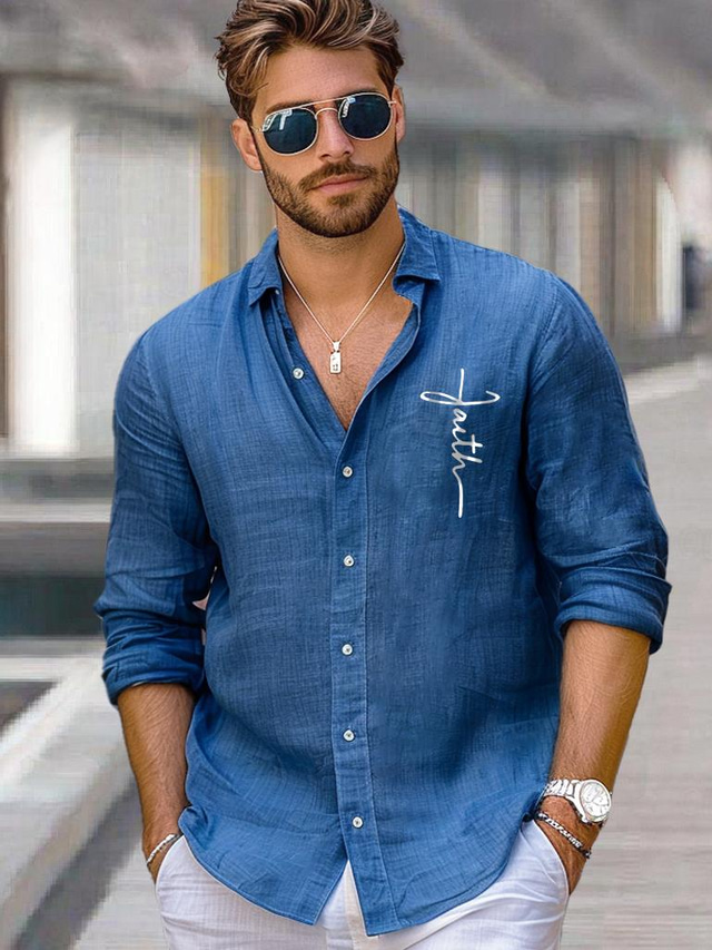  Men's Shirt Casual Shirt Button Down Shirt Blue Long Sleeve Solid Color Cross Turndown Outdoor Causal Button Clothing Apparel Vacation Daily Sports & Outdoors Hawaiian