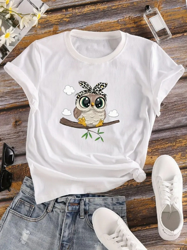  Women's T shirt Tee 100% Cotton Owl Daily Casual Short Sleeve Black Summer