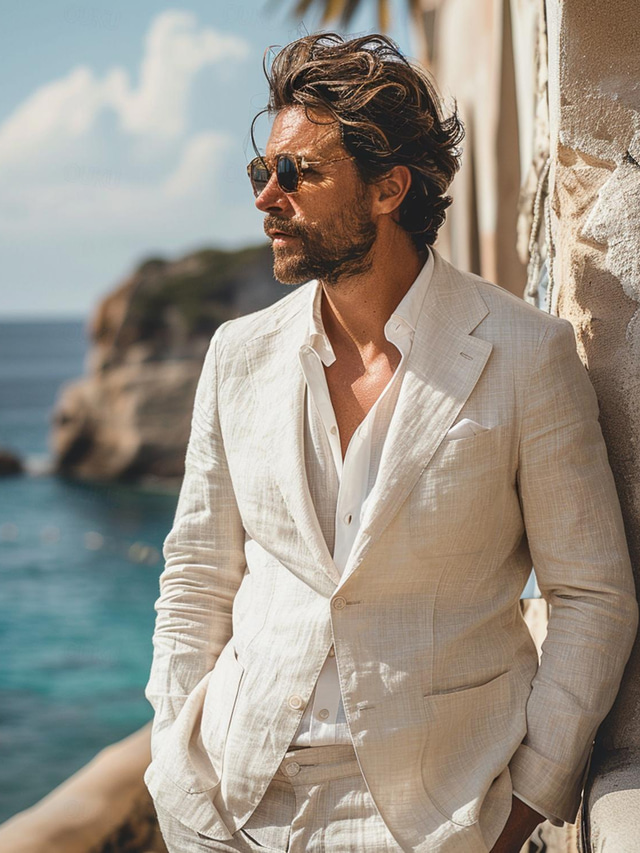 Costume 2 Pièces Homme En Lin Léger - Blazer Et Pantalon - Pour Mariage, Bal, événement D'été - Taille Ajustable