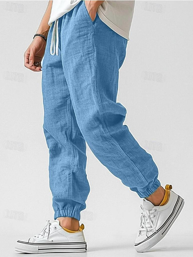  Men's Linen Pants Trousers Summer Pants Elastic Waist Straight Leg High Rise Solid Color Comfort Breathable Full Length Wedding Holiday Vacation Fashion Gray Green Black High Waist Inelastic