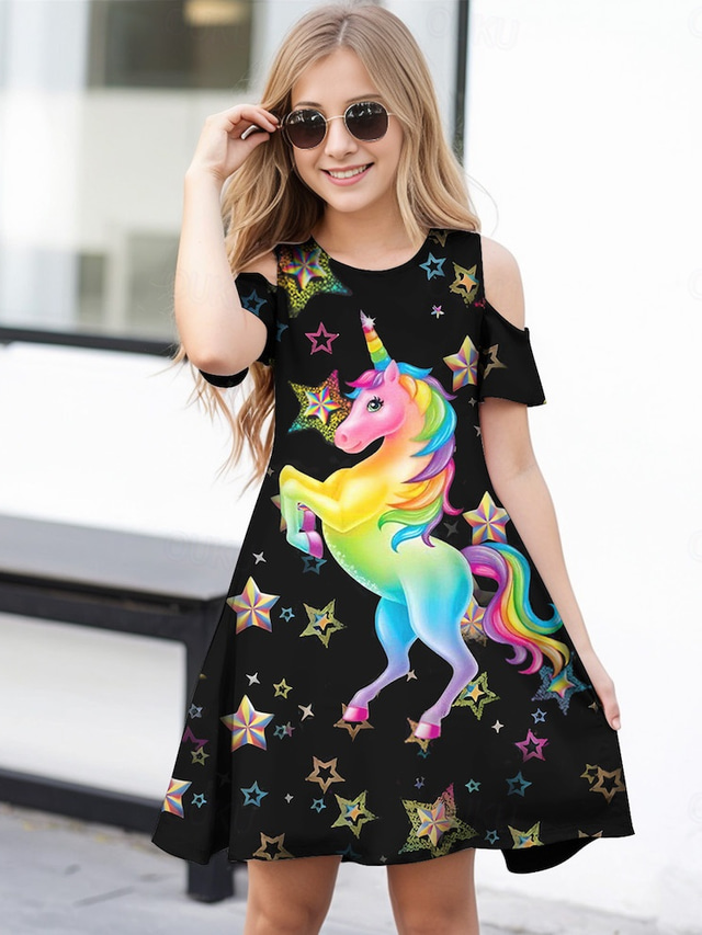  Girls' A Line Dress Short Sleeve Animal Rainbow Unicorn 3D Printed Graphic Dresses Cute Casual Sweet Above Knee Polyester Dress Summer Spring Kids Daily Holiday Vacation Regular Fit Print