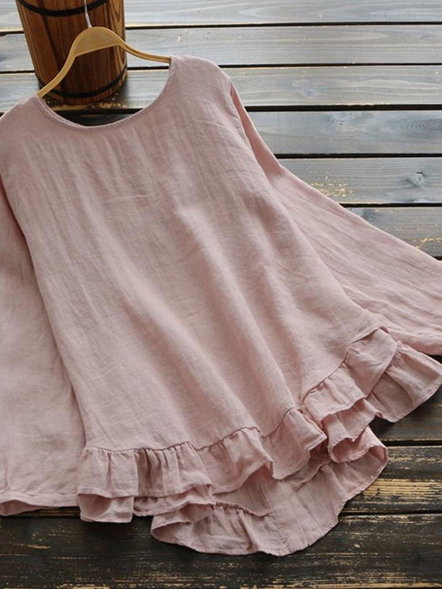  Women's Plus Size Linen-Inspired Shirts Blouse Solid Color Casual Long Sleeve Crew Neck Regular Tops Daily Buttons Pink All Seasons