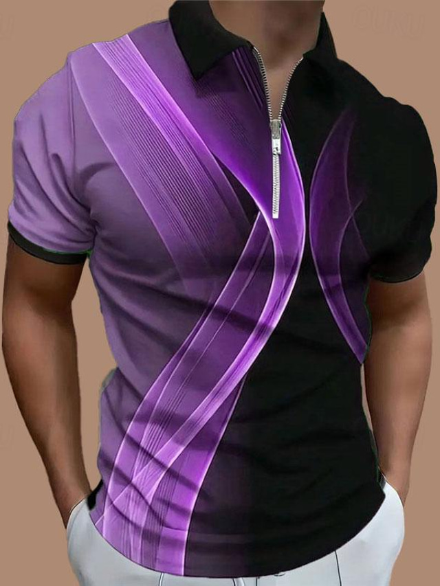  Herren Linear Zip Polo Golfpolo Kurzarm Polo-Shirts Umlegekragen Zip Brautkleider schlicht Outdoor Freizeitskleidung Strassenmode 3D Bedruckt Rosa Blau Purpur