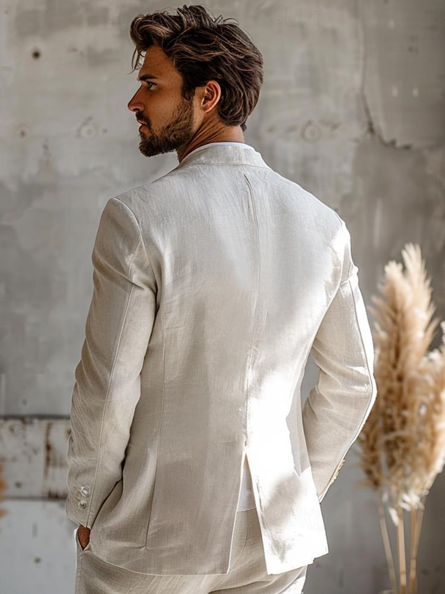 Men S Linen Blazer Jacket Wedding Party Anniversary Summer Spring Linen Solid Color Single