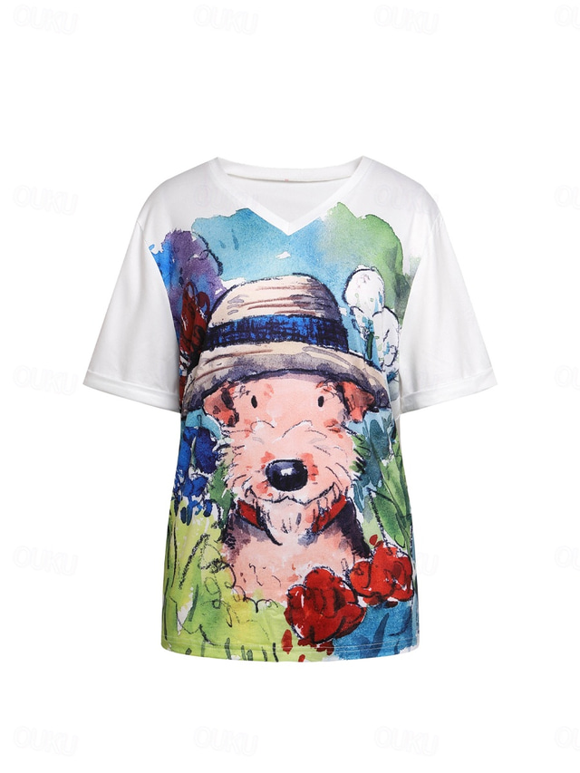  Women's T Shirt Casual Print Short Sleeve Regular Tops V Neck Daily White Summer