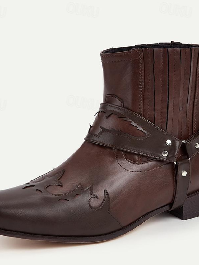  Botas de vaquero del oeste marrones para hombre: elegantes botines de cuero con relieve para uso informal y actividades al aire libre