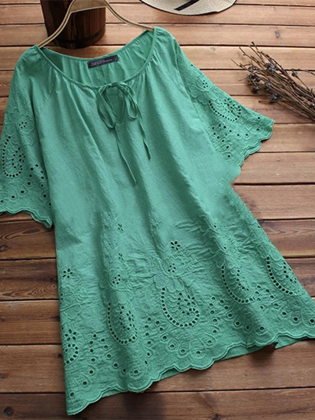  Dames Overhemd Linnen-geïnspireerde overhemden Blouse Effen Modieus Ronde hals Straat Dagelijks Veters Kant Wit Geel Blozend Roze Groen Zomer