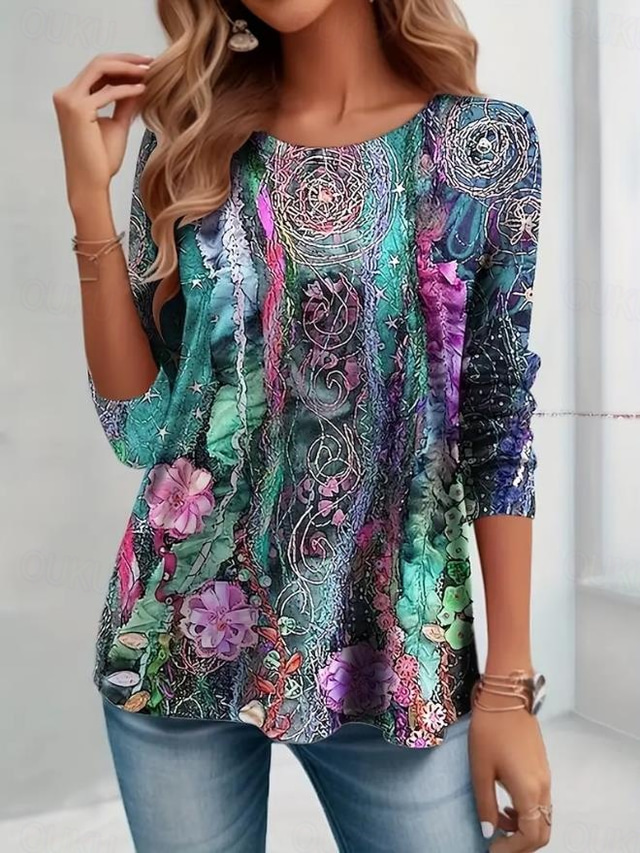  Women's T Shirt Plants Casual Long Sleeve Round Neck Regular Tops Daily Print Gray / Red Black Pink Blue Purple Spring Fall