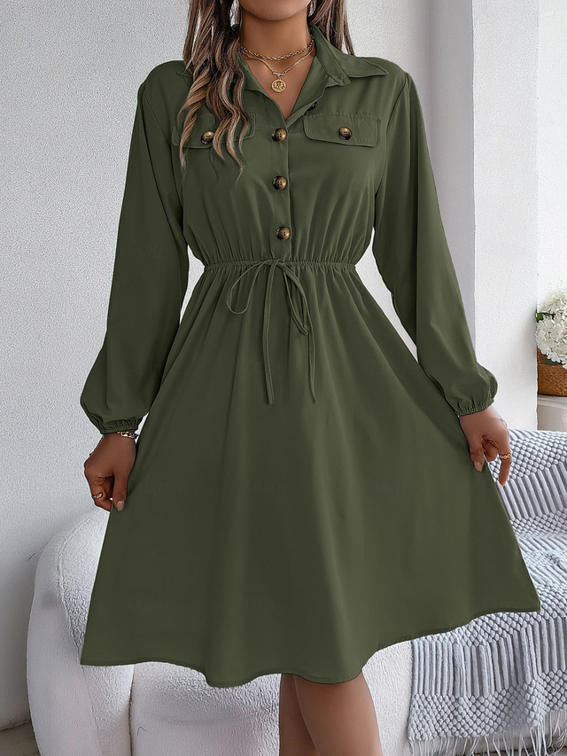  Women's Work Dress Satin A Line Dress Fashion Office Midi Dress Button Pocket Shirt Collar Long Sleeve Plain Regular Fit Black Wine Khaki Spring Fall S M L XL