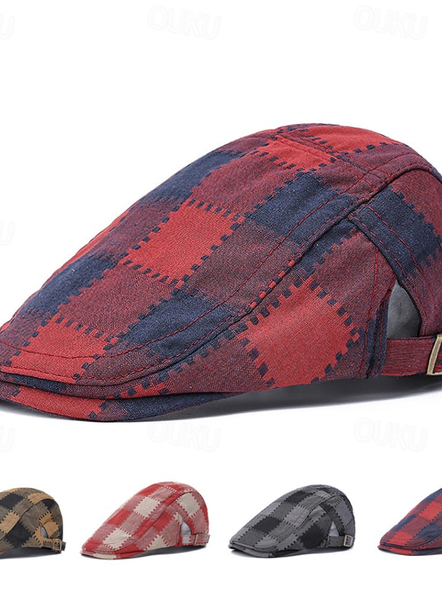  Men's Flat Cap Ascot Hat Newsboy Hat Wine Red Polyester Fashion Casual Street Daily Plaid Adjustable Sunscreen Breathable