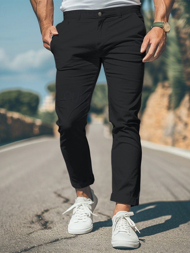  Homens Calças chinês Calça Chino Calça casual Bolso frontal Tecido Conforto Macio Comprimento total Ao ar livre Casual Diário Moda Roupa de rua Preto Branco Micro-Elástica