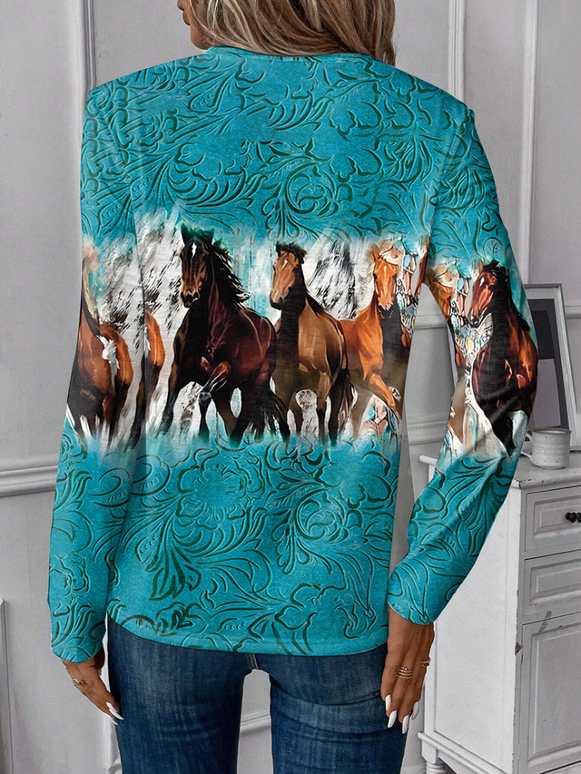  Women's T shirt Tee Horse Print Daily Casual Long Sleeve Crew Neck Blue Spring Fall