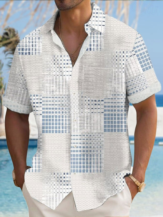  Men's Striped Geometric Pattern Printed Shirts Short Sleeve Hawaiian Resort Outdoor Business / Ceremony / Wedding Summer Turndown Print Button-Down White Pink Blue