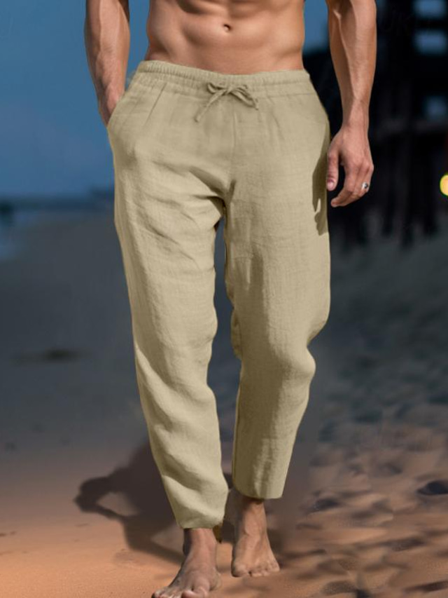  Men's Linen Pants Trousers Work Pants Beach Pants Pocket Drawstring Elastic Waist Plain Comfort Soft Daily Weekend Linen Cotton Blend Streetwear Casual Dark Khaki Light Khaki Micro-elastic