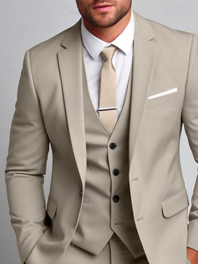  Khaki Men's Wedding Suits Solid Colored 3 Piece Daily Business Plus Size Single Breasted Two-buttons 2024