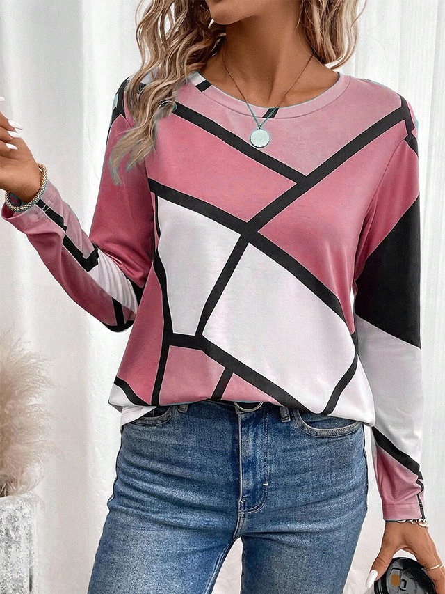  Women's T Shirt Casual Color Block Print Long Sleeve Regular Tops Crew Neck Daily Pink Navy Blue Blue Purple Spring Fall