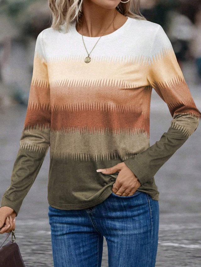  Women's T Shirt Casual Color Block Print Long Sleeve Regular Tops Crew Neck Daily Blue Purple Brown Spring Fall
