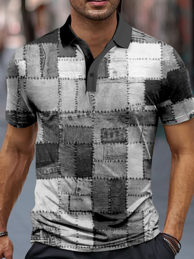  Plaid Checkered Sportswear Abstract Casual Men's Polo Shirt Short Sleeve Street Daily Holiday Spring & Summer 3D Print Turndown Blue Khaki Gray Micro-elastic Polyester