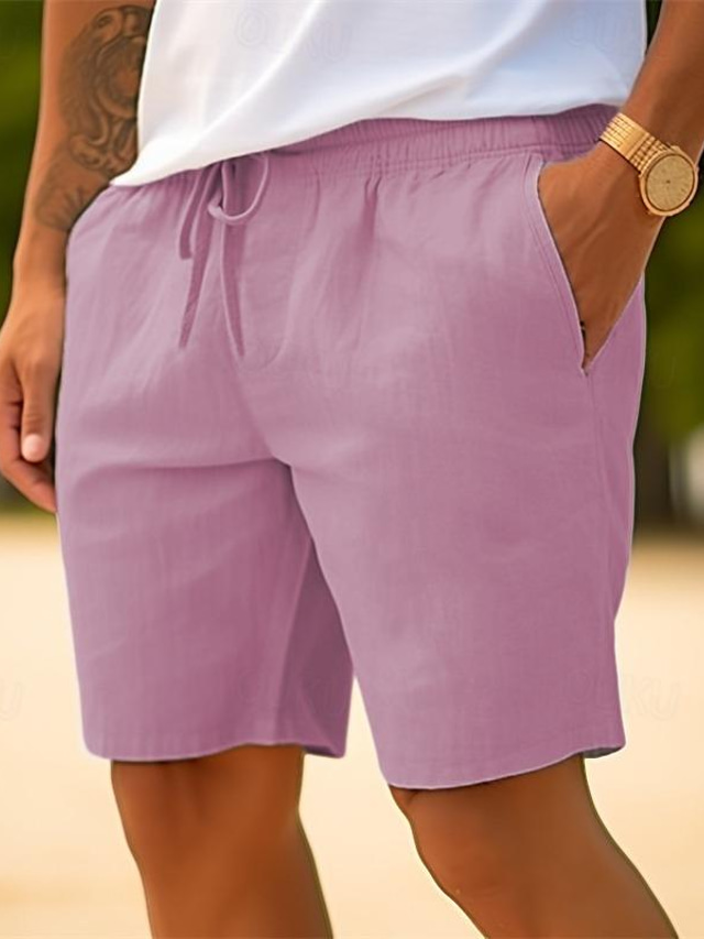  Men's Shorts Summer Shorts Beach Shorts Drawstring Elastic Waist Straight Leg Plain Comfort Breathable Short Casual Daily Holiday 100% Cotton Fashion Classic Style White Yellow