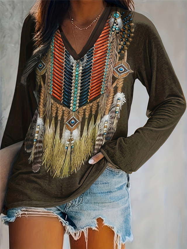  Women's T Shirt Vintage Ethnic Print Long Sleeve Regular Tops V Neck Vacation Army Green Spring Fall