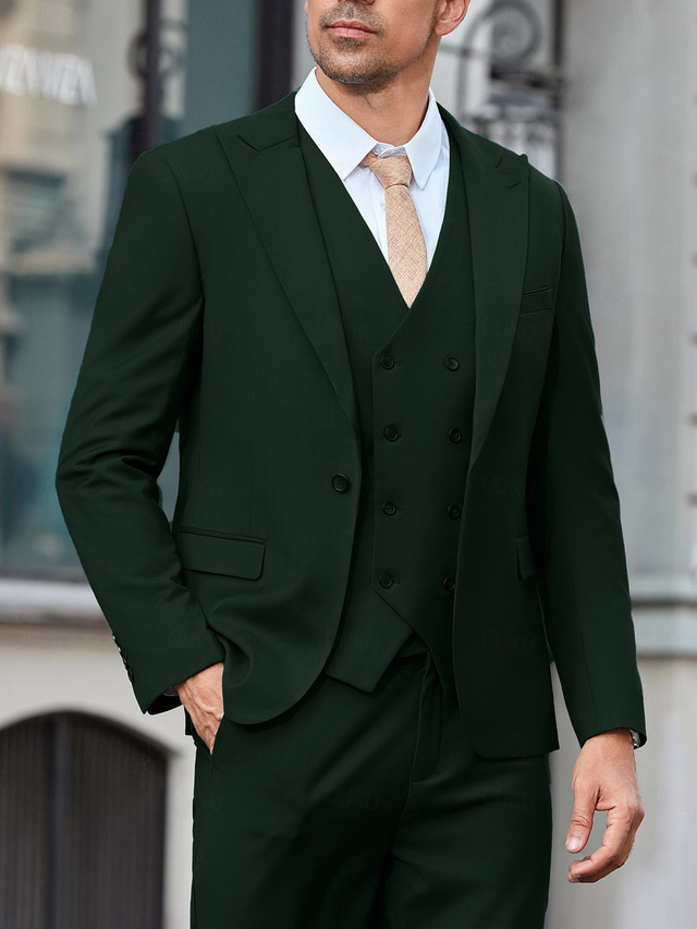  Dark Green Men's Wedding Suits Solid Colored 3 Piece Tailored Fit Single Breasted One-button 2024