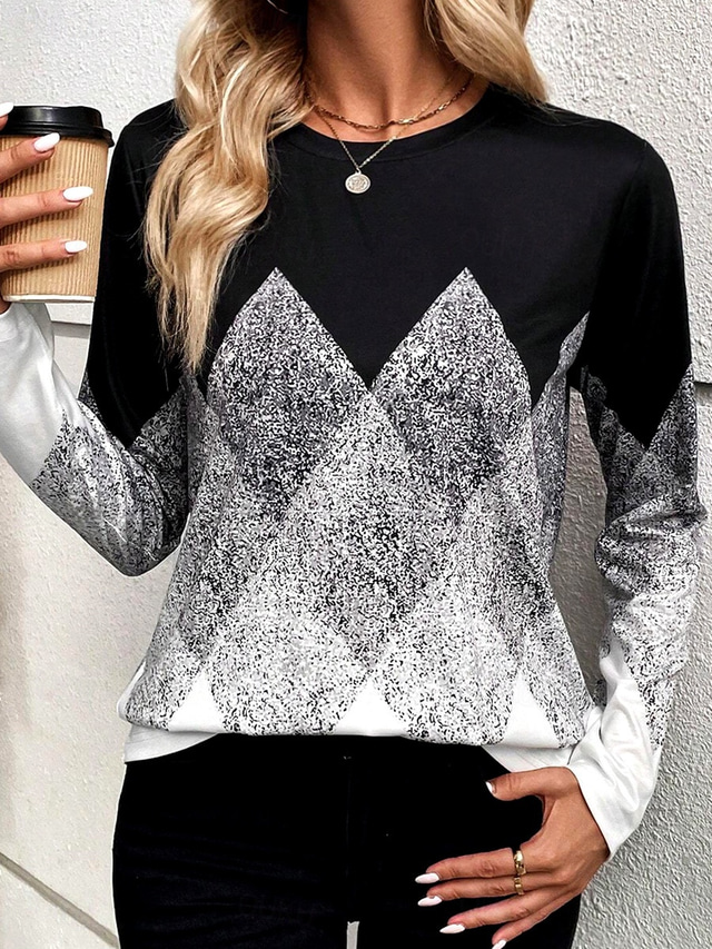  Women's T Shirt Casual Print Long Sleeve Regular Tops Crew Neck Daily Black Spring Fall