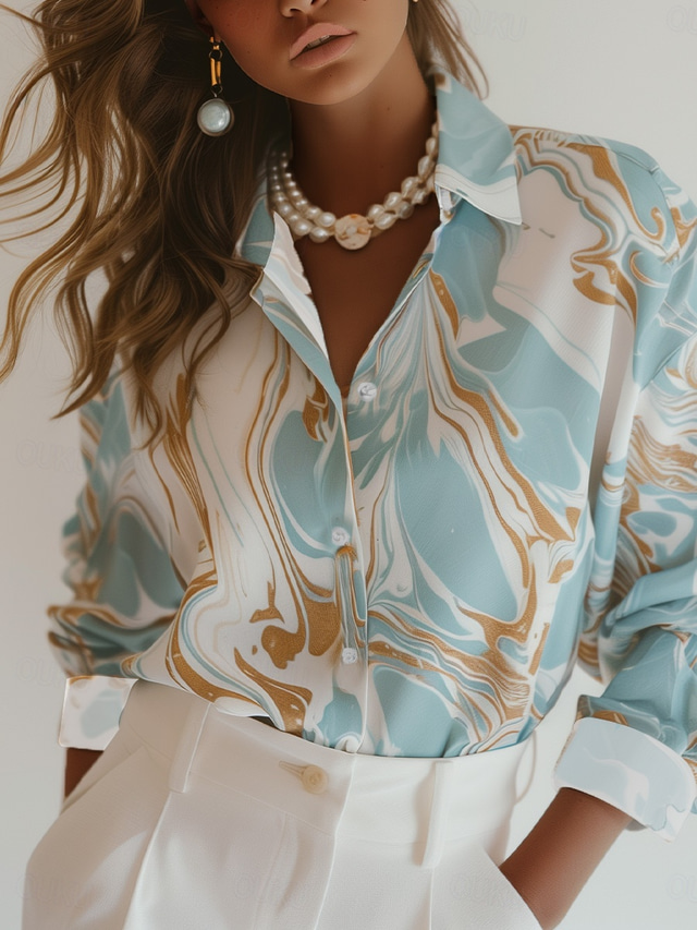  Mulheres Camisa Social Elegante Negócio impressão de mármore Tops regulares Manga Longa Colarinho de Camisa Imprimir Ajuste Largo Trabalho Azul Primavera Outono