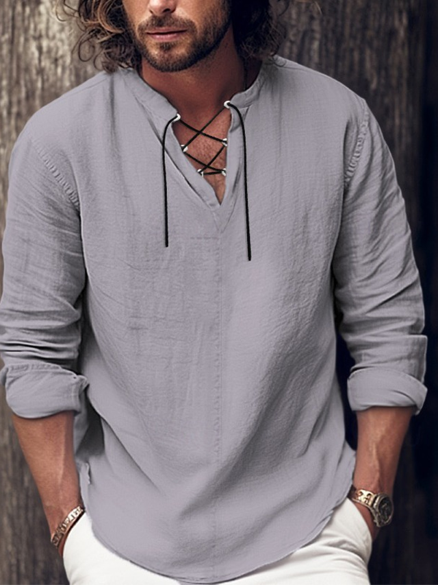  Men's Shirt Linen Shirt Viking Style Pirate Shirt Summer Shirt Beach Wear Black White Pink Blue Long Sleeve Plain V Neck Spring & Summer Casual Daily Clothing Apparel Lace up