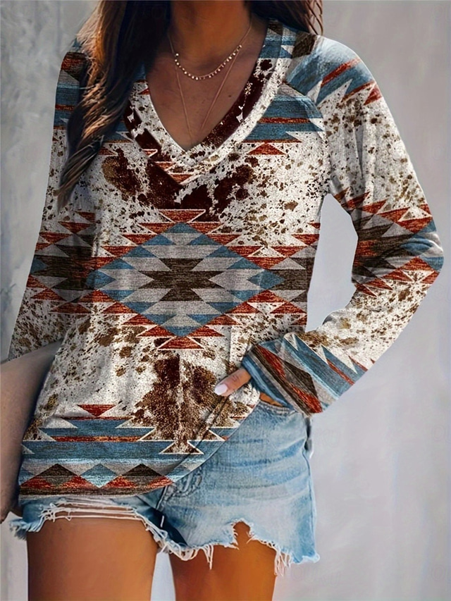  Women's T Shirt Vintage Ethnic Print Long Sleeve Regular Tops V Neck Vacation Weekend Blue Spring Fall