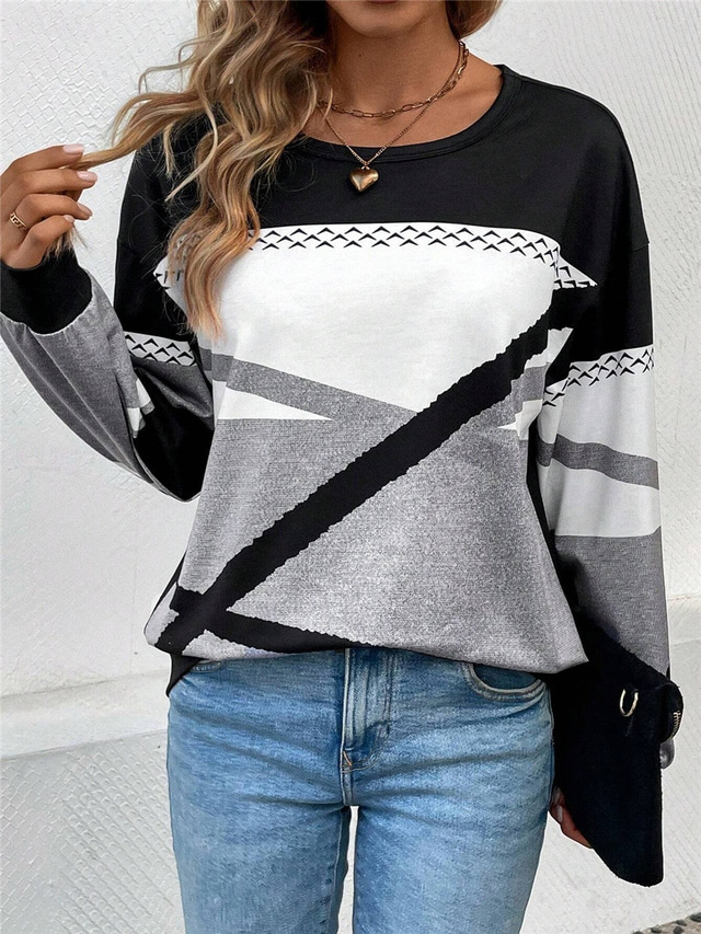  Women's Sweatshirt Geometric Street Dailywear Print Casual Crew Neck Long Sleeve Micro-elastic Fall Winter Comfrt Breathable Soft Fabric