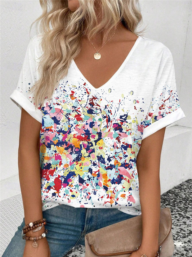  Women's T Shirt Stylish Casual Print Short Sleeve Regular Tops V Neck Daily White Summer