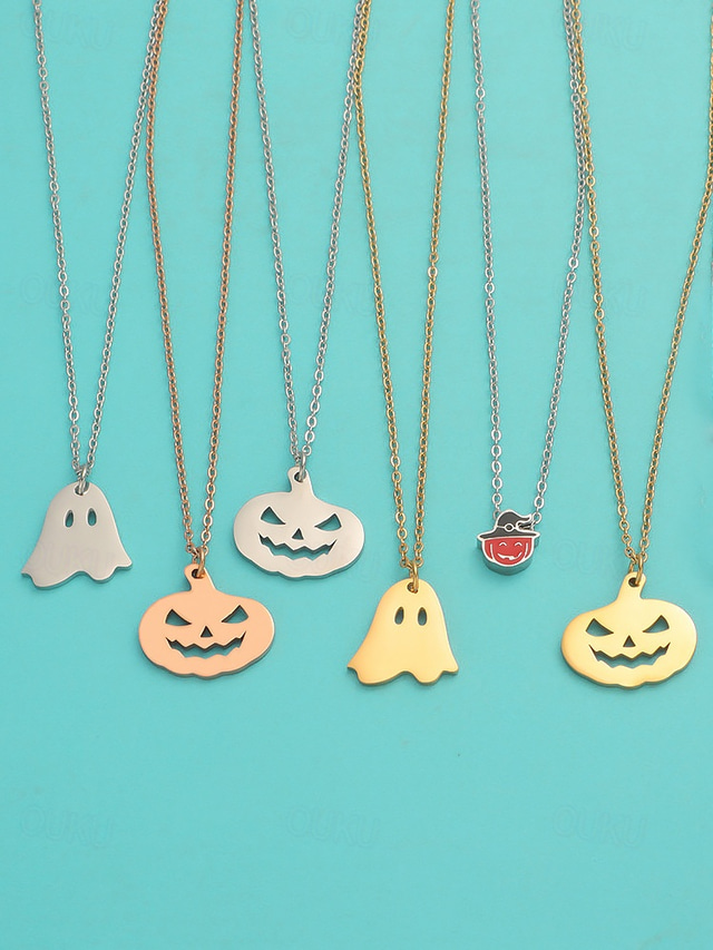  Halloween-Themed Stainless Steel Pendant Necklaces for Women, Featuring Pumpkin and Ghost Charms, Perfect for Costume Parties and Festive Occasions