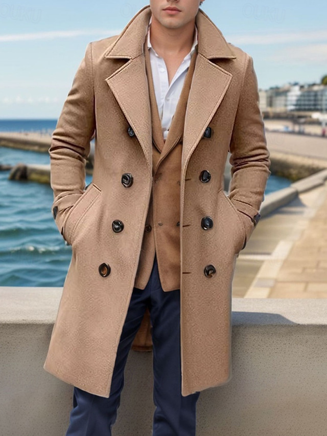  Men's Trench Coat Long Trench Coat Daily Vacation Fall & Winter Polyester Thermal Warm Outerwear Clothing Apparel Fashion Classic Plain Pocket Lapel Single Breasted