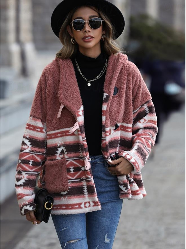  Per donna Cappotto invernale Giacca in pile Athleisure Per eventi Da tutti i giorni Autunno Inverno Standard Cappotto Morbido Moda Informale Giacca Manica lunga Fantasia geometrica Stampa Rosso