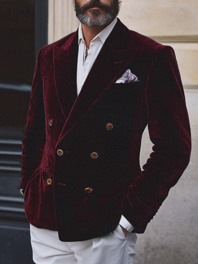  Men's Blazer Jacket Vintage Party Velvet Solid Colored Blazer Burgundy Green Standard Fit Double Breasted Four-buttons