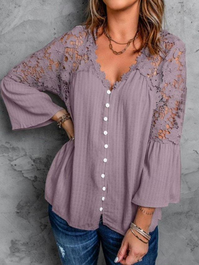  Women's Blouse Elegant Stylish Modern Lace Bell Sleeve 3/4 Length Sleeve V Neck Work Daily Black White Purple Green Spring Fall