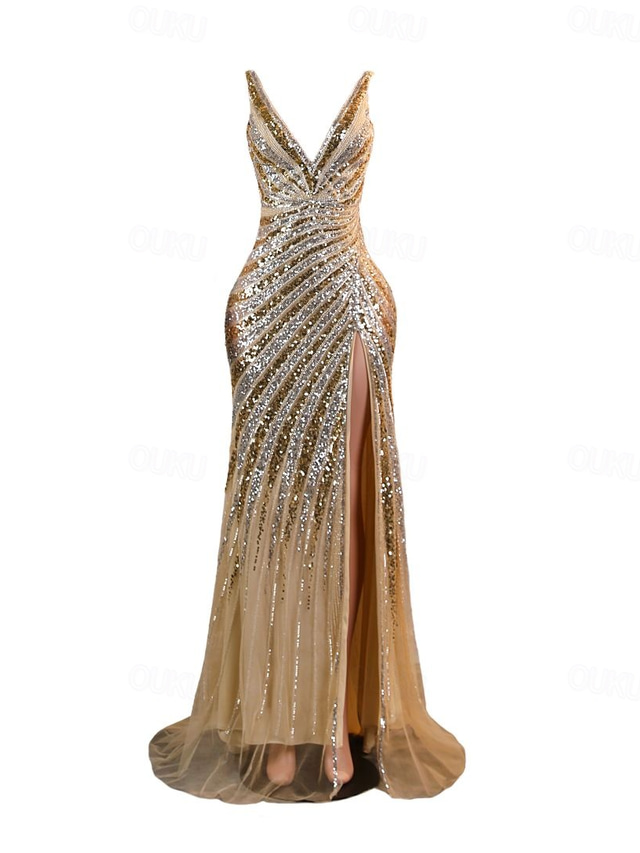  mořská panna zlaté večerní šaty flitrované elegantní šaty večerní party zásnubní soud vlak bez rukávů královna anna podzim svatební host bez zad s korálky flitry maškarní šaty 2025